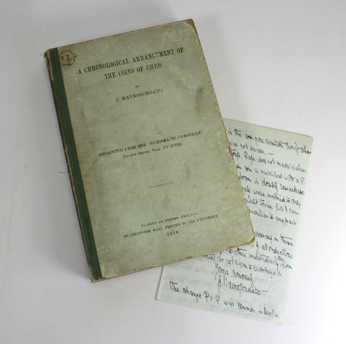 A Chronological Arrangement of the Coins of Chios, J. Mavrogordato, 1918, with Author's Signed letter