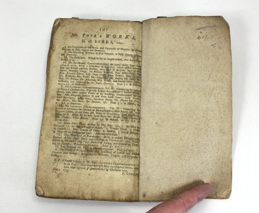 Alexander Pope Letters; Literary Correspondence, 1737