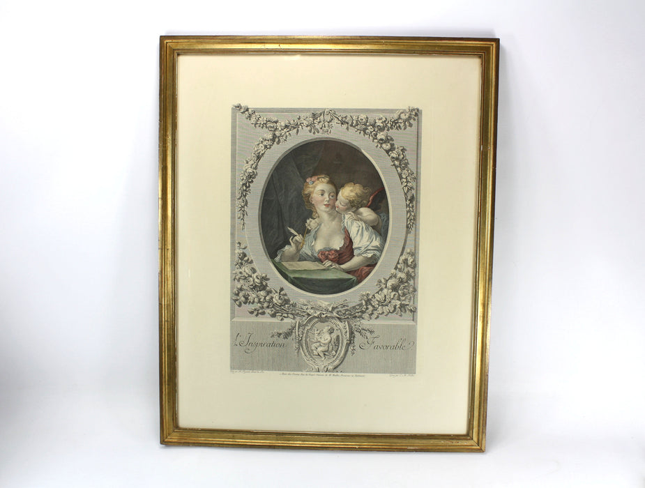Hand coloured engraving; L'Inspiration Favorable by H. Fragonard, engraved by L.M. Halbou, Paris