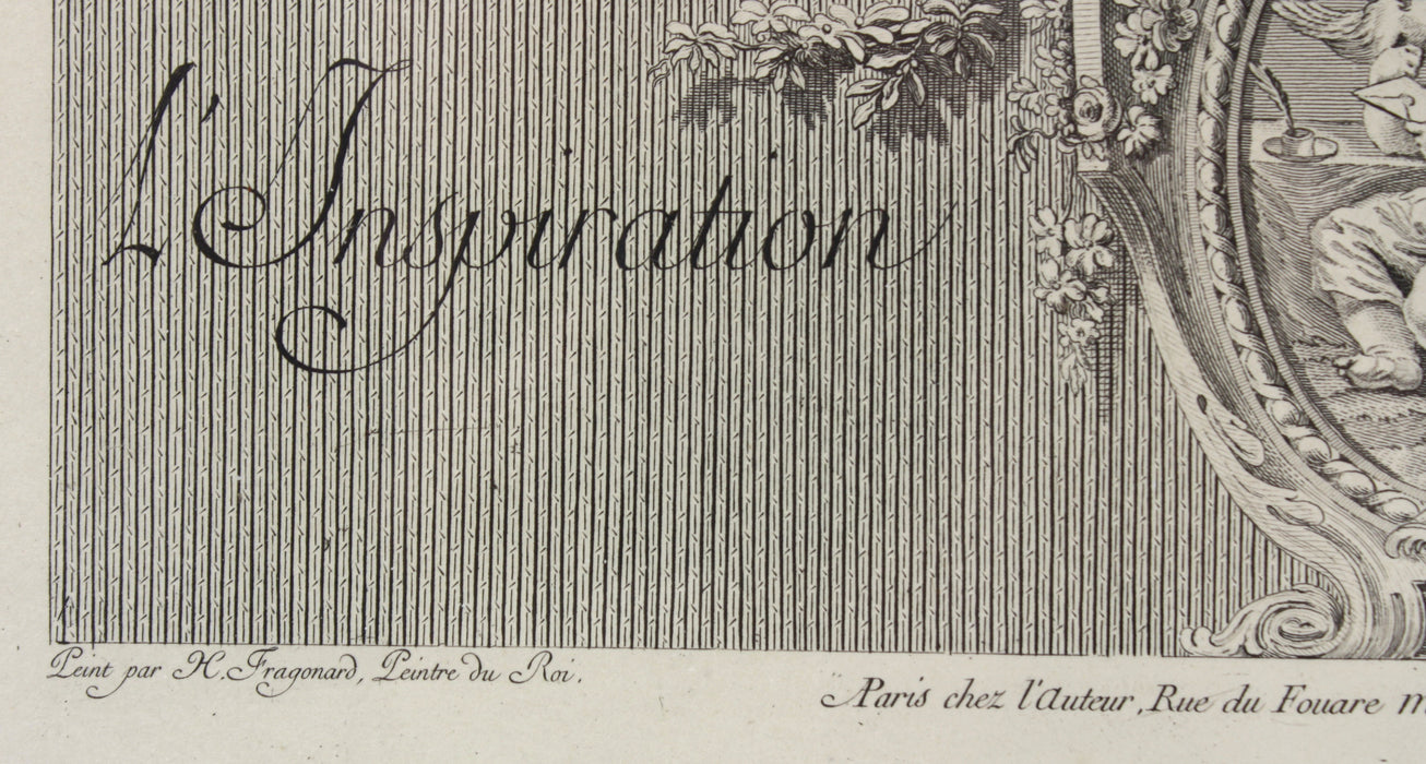 Hand coloured engraving; L'Inspiration Favorable by H. Fragonard, engraved by L.M. Halbou, Paris