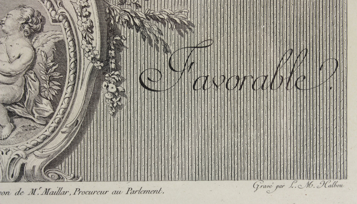 Hand coloured engraving; L'Inspiration Favorable by H. Fragonard, engraved by L.M. Halbou, Paris