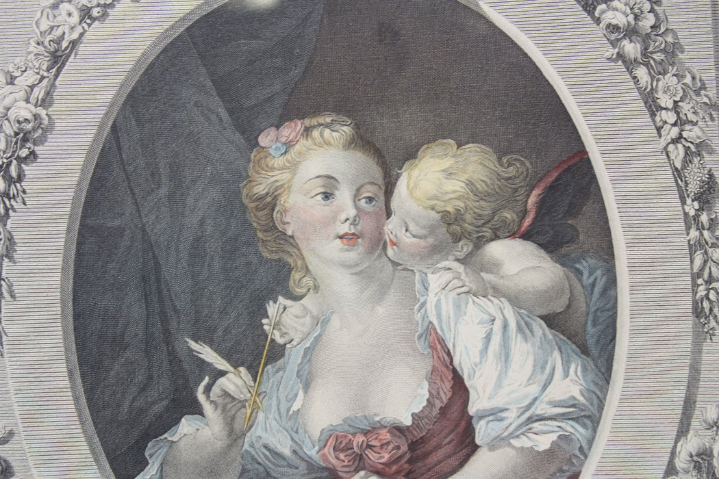 Hand coloured engraving; L'Inspiration Favorable by H. Fragonard, engraved by L.M. Halbou, Paris