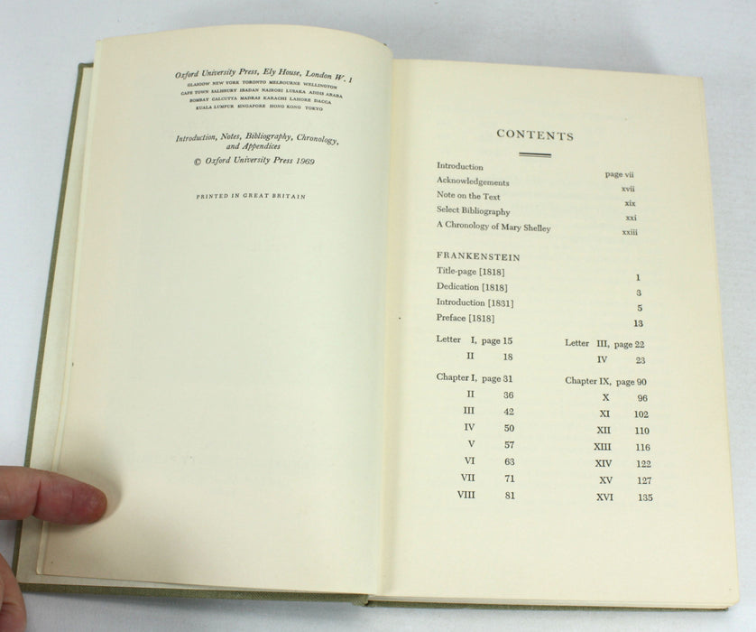 Frankenstein or The Modern Prometheus by Mary W. Shelley, Oxford, 1969