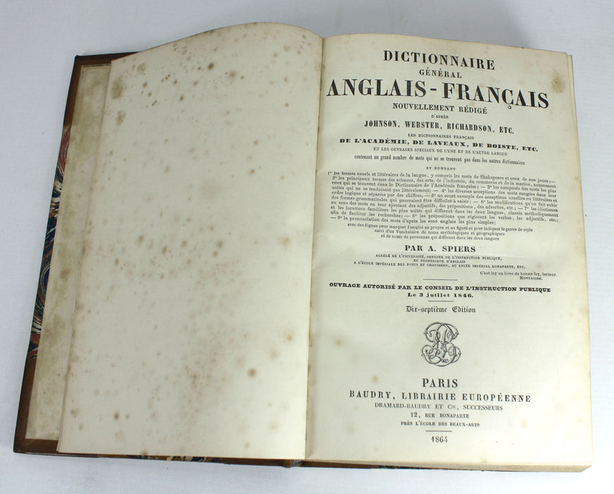 Spiers Dictionnaire Francais-Anglais, 1863 & Anglais-Francais, 1864. 2 Volume Set