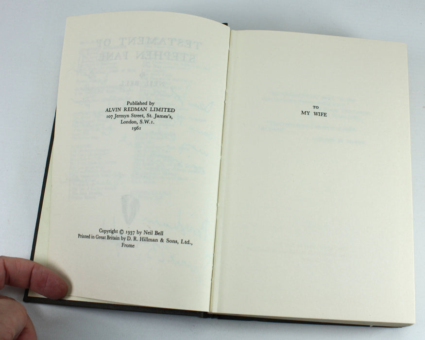 Testament of Stephen Fane by Neil Bell, inscribed by author, 1961