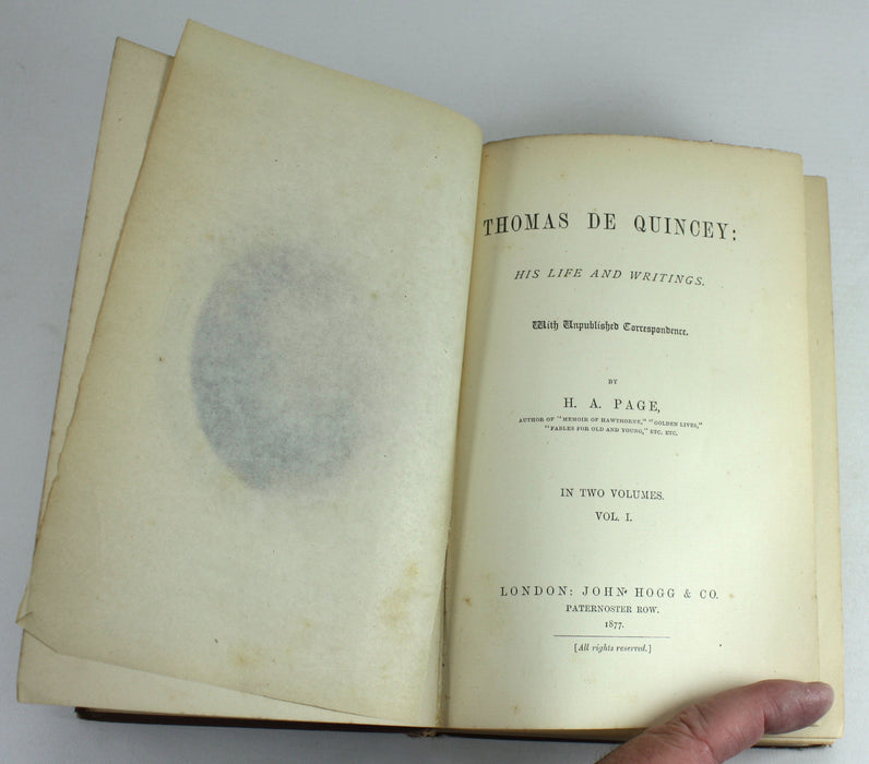 Thomas De Quincey; His Life and Writings, by H A Page, 1877