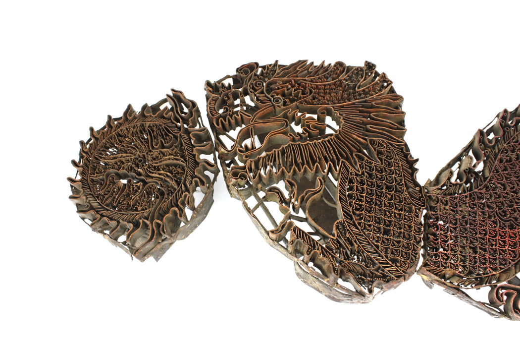 Vintage Indonesian Chinese Batik Printing Blocks - Copper and Steel: Dragon and Sun (5pc set). Tjap.
