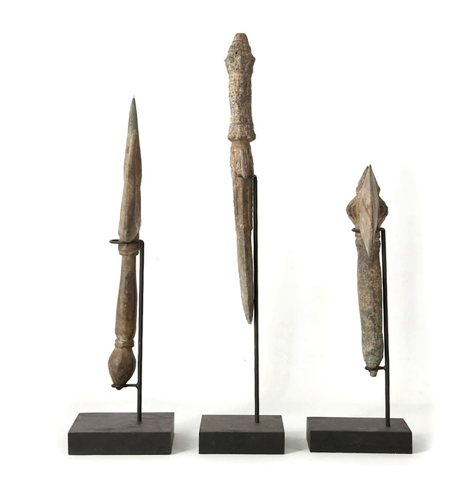 Set of 3 antique bronze Ganesh acoutrements on stand, 18th Century.