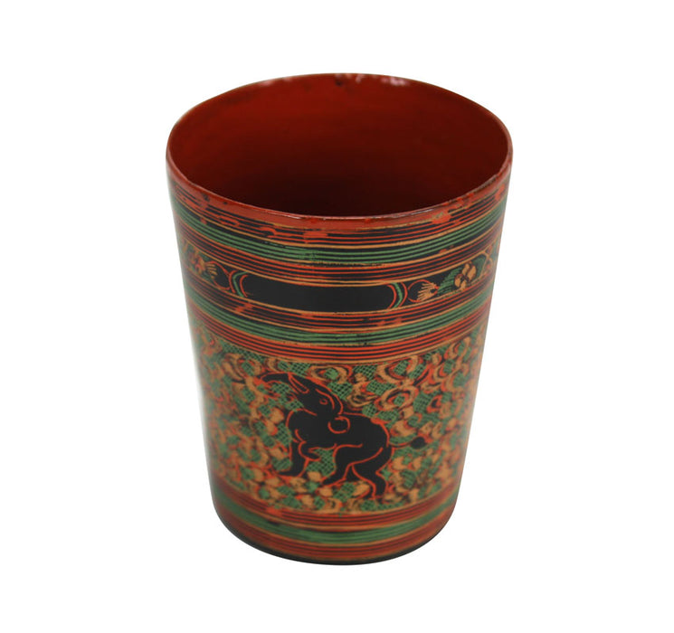 Burmese lacquer set of 6 drinking cups, Yun elephant design, 7.3cm