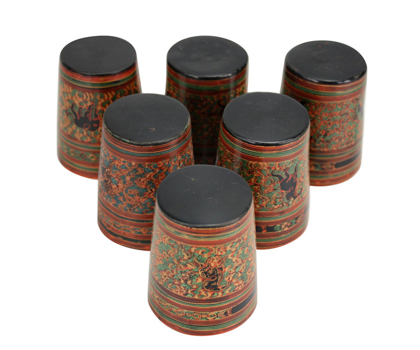 Burmese lacquer set of 6 drinking cups, Yun elephant design, 7.3cm