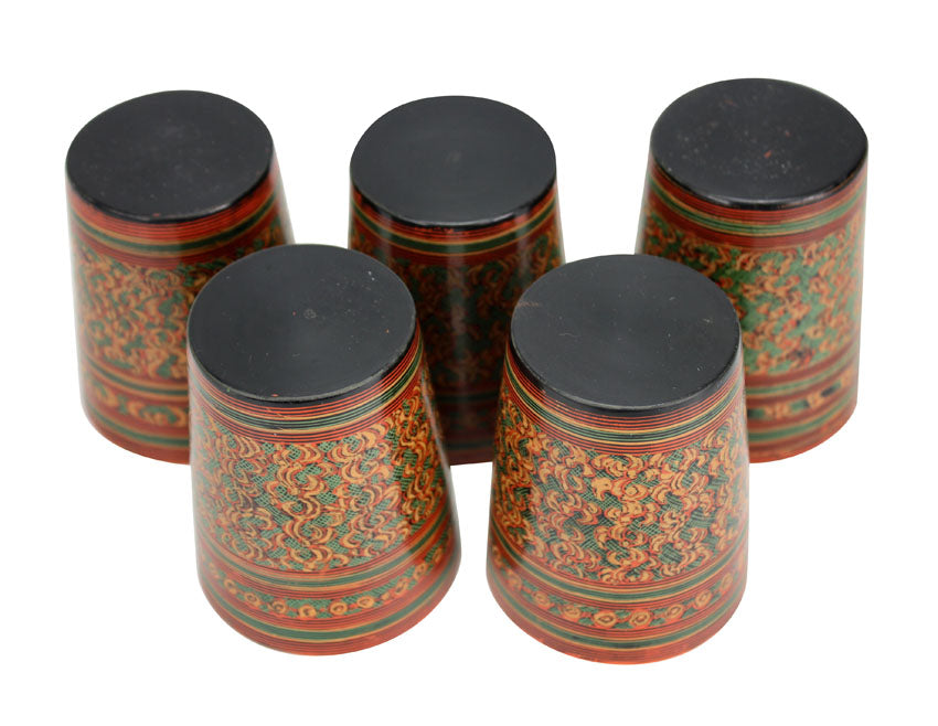 Burmese lacquer set of 5 drinking cups, Yun design, 7.3cm