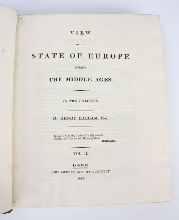 View of the State of Europe During the Middle Ages, 2 Volume set, by Henry Hallam, 1818