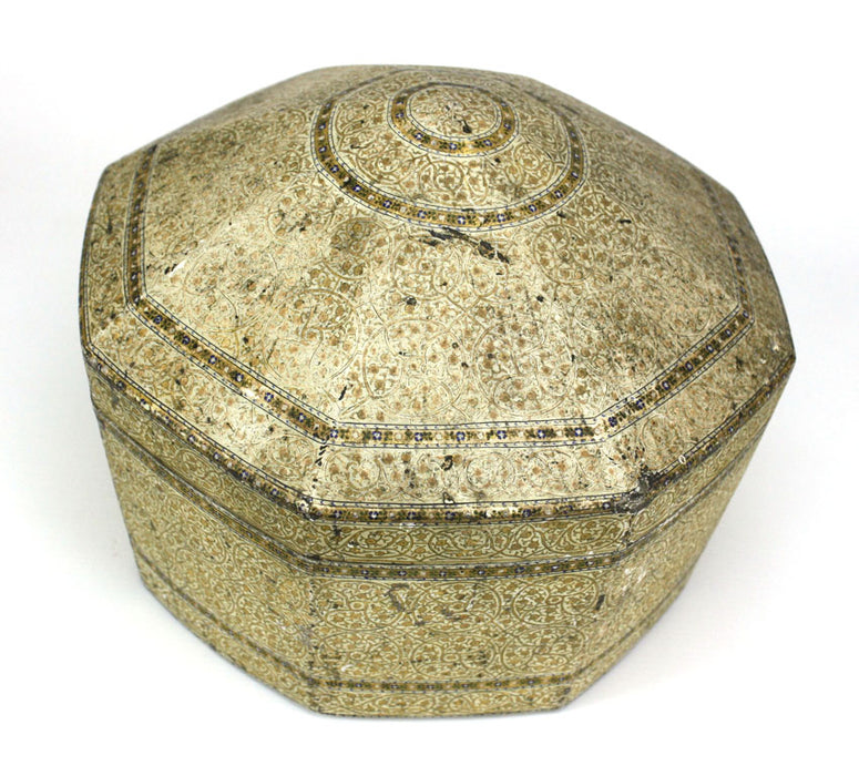 19th Century, Papier Mache Kashmiri Octagonal Box in Islamic Style, possibly Qur'an box