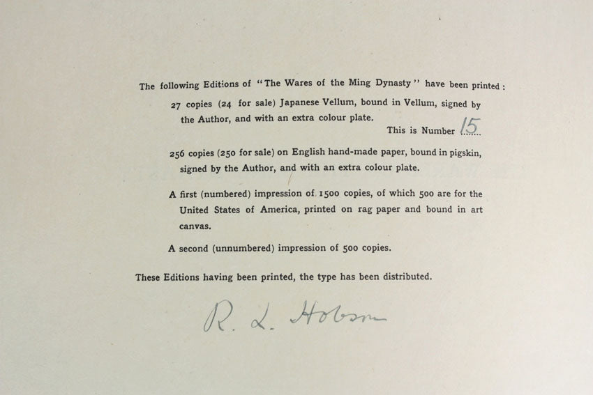 The Wares of the Ming Dynasty, R L Hobson, 1923, very rare vellum bound signed limited first edition - 1 of only 24 copies offered for sale.