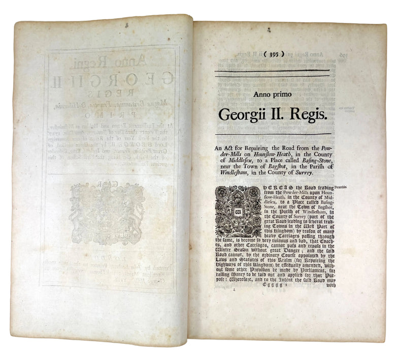 1728 Act of Parliament Extract; An Act for Repairing the Road from the Powder Mills on Hounslow Heath to Basing-stone, in Surrey...