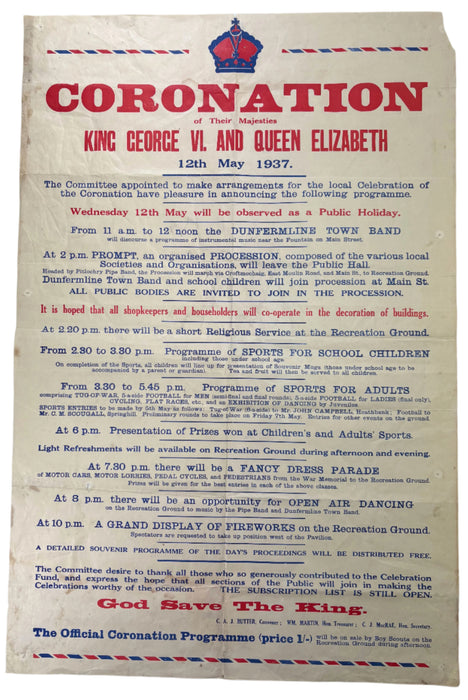 Original 1937 Coronation Poster; Coronation of Their Majesties King George VI. and Queen Elizabeth, 12th May 1937