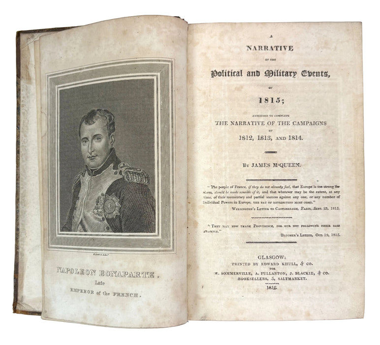 An open antique book showing the title page of 'A Narrative of the Political and Military Events, 1815' by James McQueen, with a black-and-white portrait of Napoleon I on the left page and printed text on the right page.