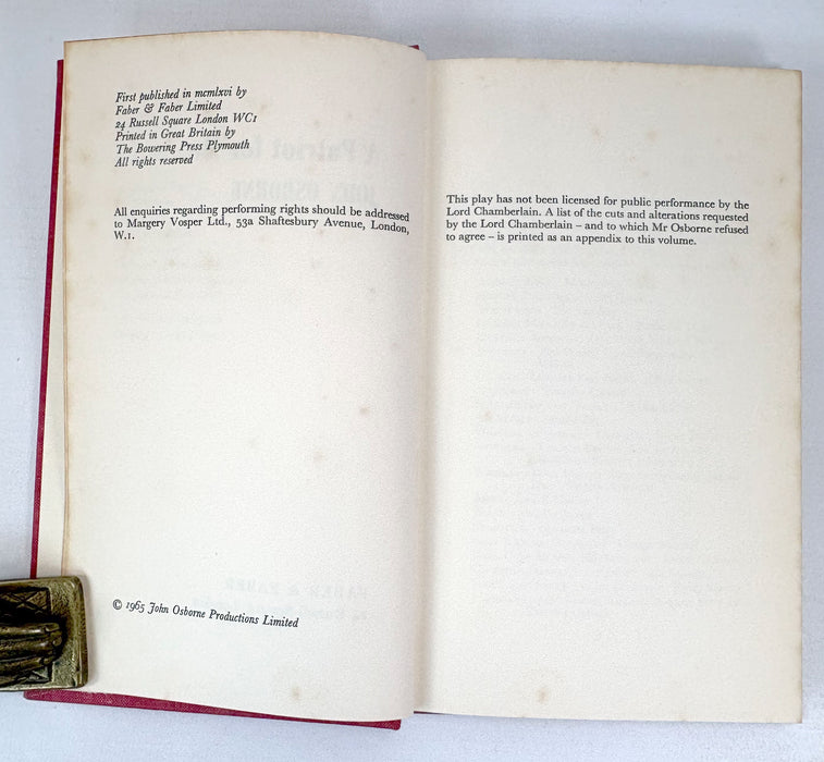 A Patriot for Me, by John Osborne, 1966 first edition. From the library of Theatre Director, Alan Strachan.