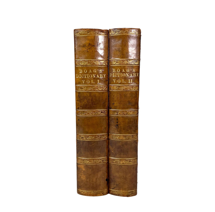 Two antique leather-bound books standing upright side by side on a white background. The spines are brown leather with gold-embossed lettering reading 'BOAG'S DICTIONARY VOL.
