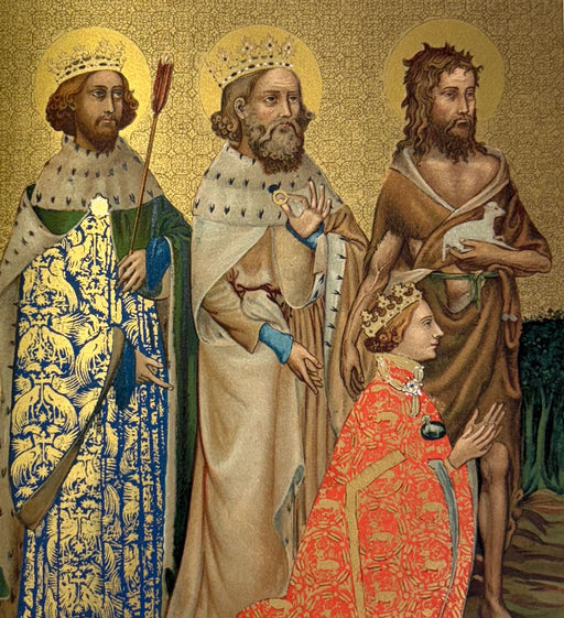 Illustration of three figures in regal attire with a gold background