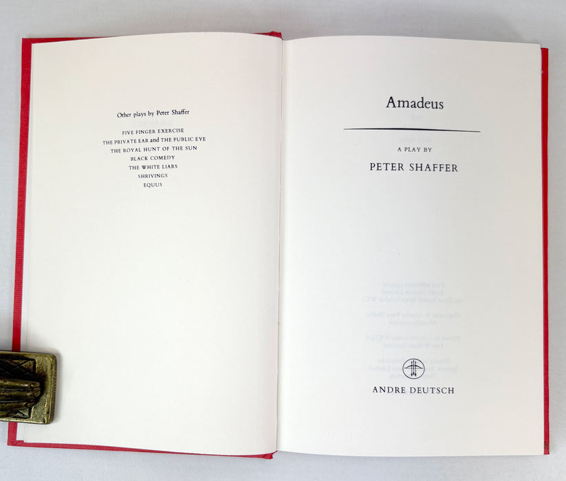 Amadeus, by Peter Shaffer. 1980 first edition. From the library of Theatre Director, Alan Strachan.