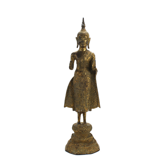 Antique Thai Rattanakosin period standing Buddha, c. 1900, 34.4cm high. Gilt alloy.