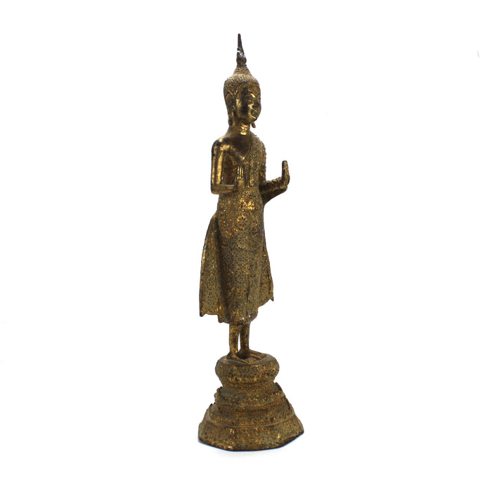 Antique Thai Rattanakosin period standing Buddha, c. 1900, 34.4cm high. Gilt alloy.