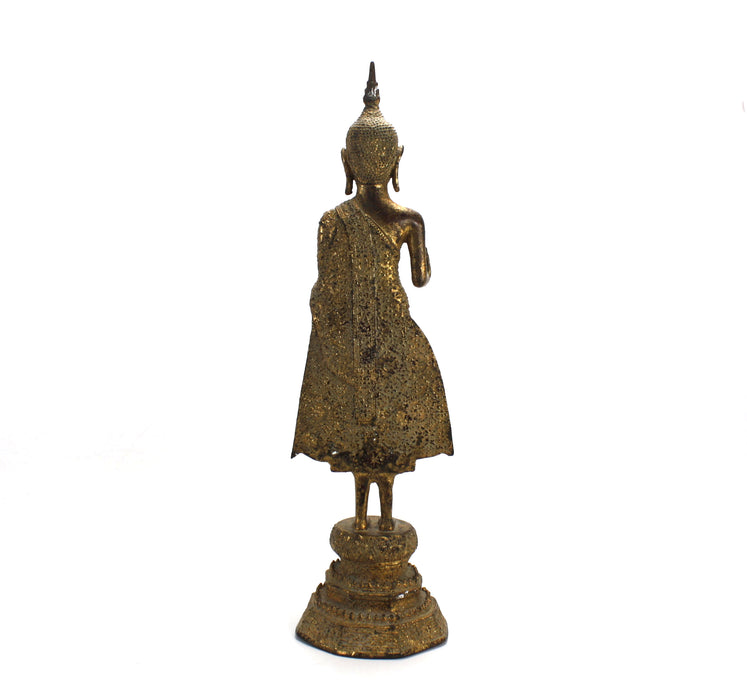 Antique Thai Rattanakosin period standing Buddha, c. 1900, 34.4cm high. Gilt alloy.