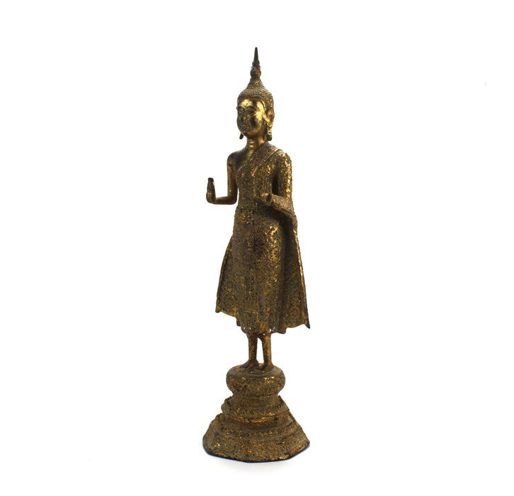 Antique Thai Rattanakosin period standing Buddha, c. 1900, 34.4cm high. Gilt alloy.