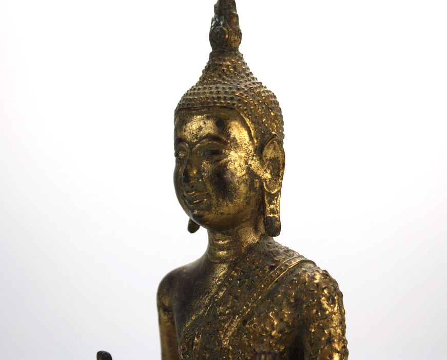 Antique Thai Rattanakosin period standing Buddha, c. 1900, 34.4cm high. Gilt alloy.