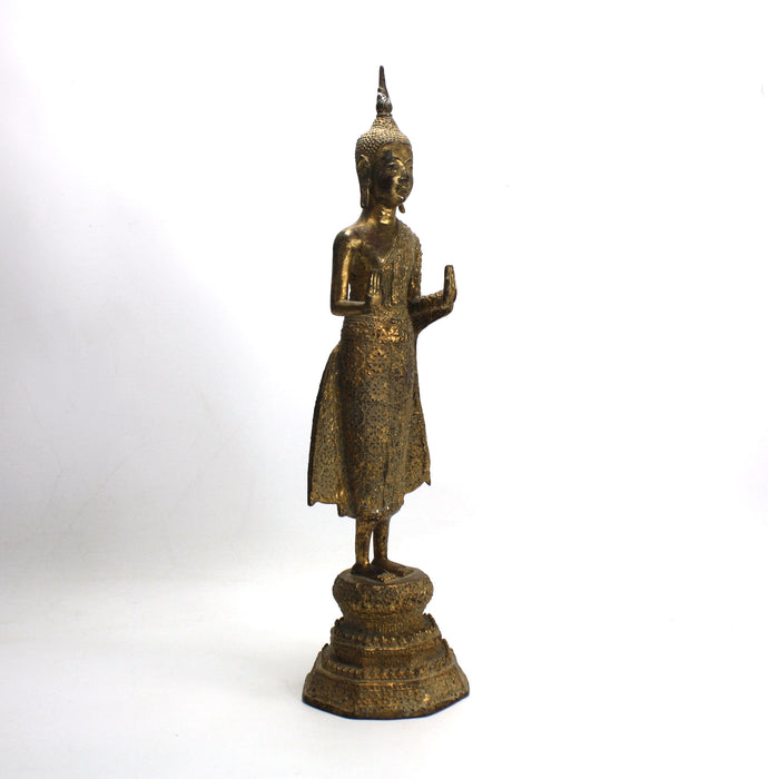 Antique Thai Rattanakosin period standing Buddha, c. 1900, 34.4cm high. Gilt alloy.