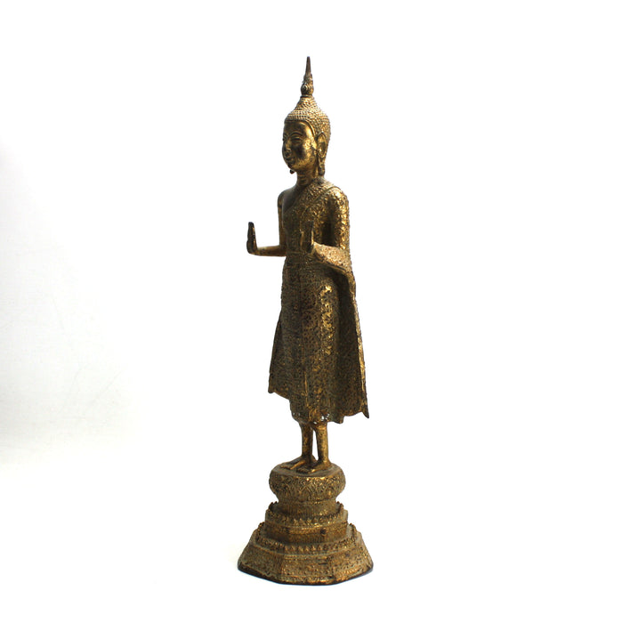 Antique Thai Rattanakosin period standing Buddha, c. 1900, 34.4cm high. Gilt alloy.