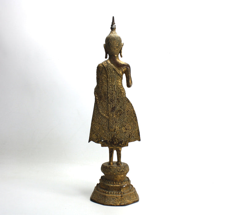 Antique Thai Rattanakosin period standing Buddha, c. 1900, 34.4cm high. Gilt alloy.