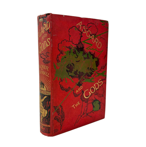 A vintage hardcover book titled 'Tegard and the Gods' with a textured red cover, featuring gold lettering and green abstract floral or cloud-like illustrations, photographed on a plain white background.
