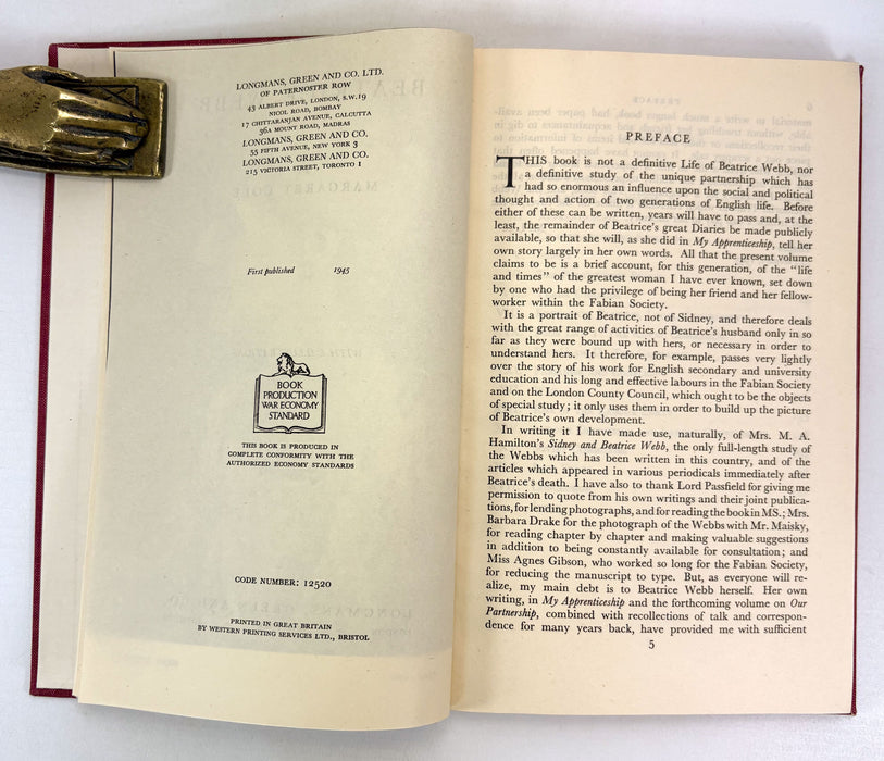 Beatrice Webb, by Margaret Cole, Longmans, Green and Co, 1945 first edition