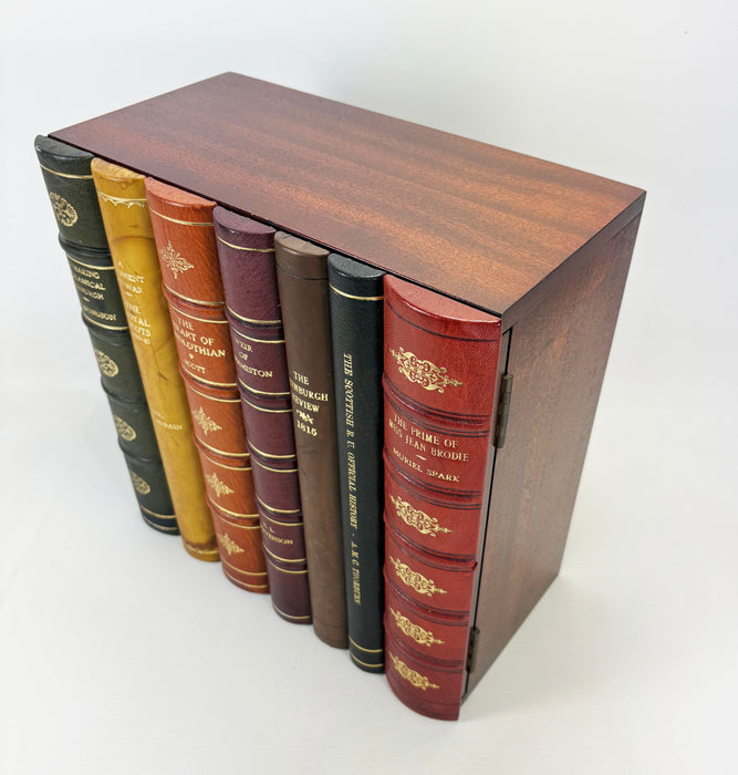 Book Decanter Set, with Fine Leather Bindings and Wooden Case, with 2 lead crystal decanters