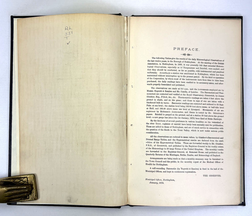 Borough of Nottingham; The Meteorology of Nottingham for the Past 12 Years, 1867-1878, M. Ogle Tarbotton