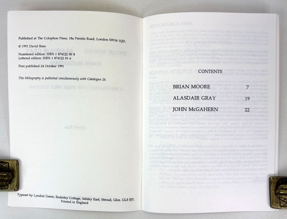 Brian Moore, Alasdair Gray, John McGahern; A Bibliography of Their First Editions, David Rees, Colophon Press, Signed, lettered edition of 26 copies