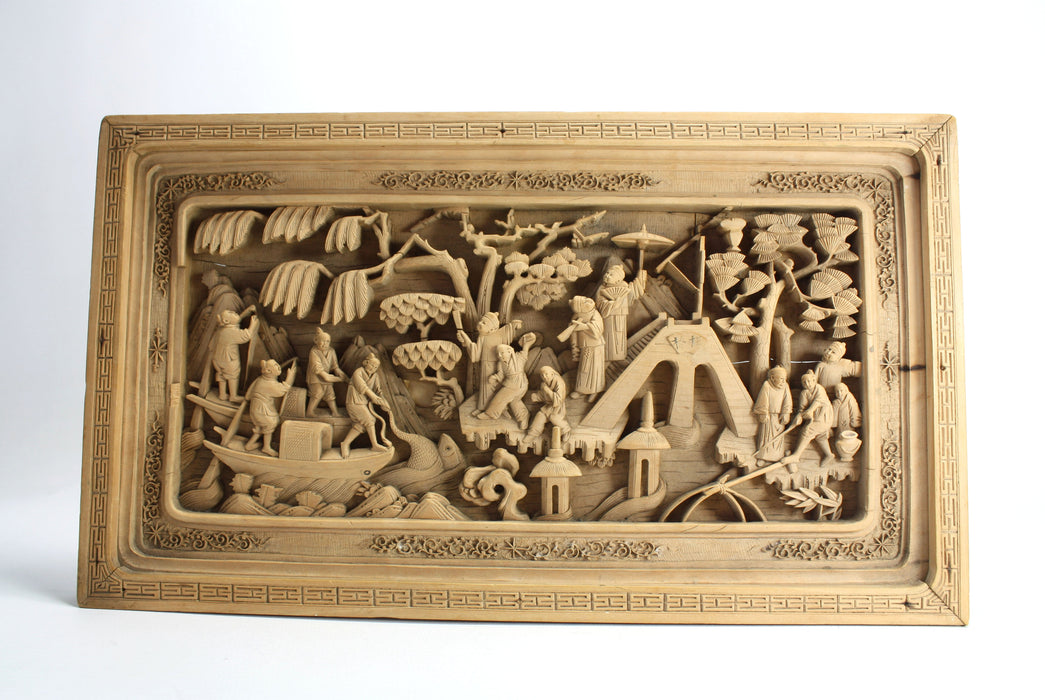 Vintage Chinese woodcarving scene with intricate carving, c. 17 x 30cm. Hanging panel.