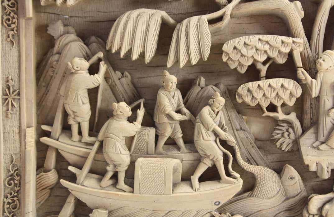 Vintage Chinese woodcarving scene with intricate carving, c. 17 x 30cm. Hanging panel.
