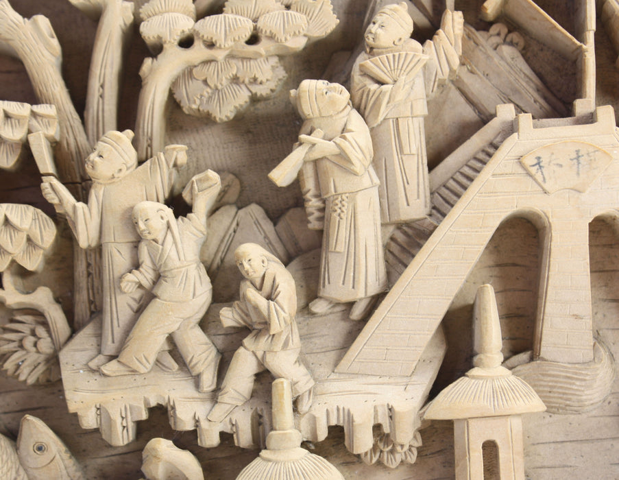 Vintage Chinese woodcarving scene with intricate carving, c. 17 x 30cm. Hanging panel.