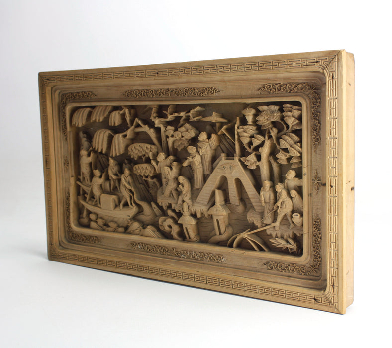 Vintage Chinese woodcarving scene with intricate carving, c. 17 x 30cm. Hanging panel.