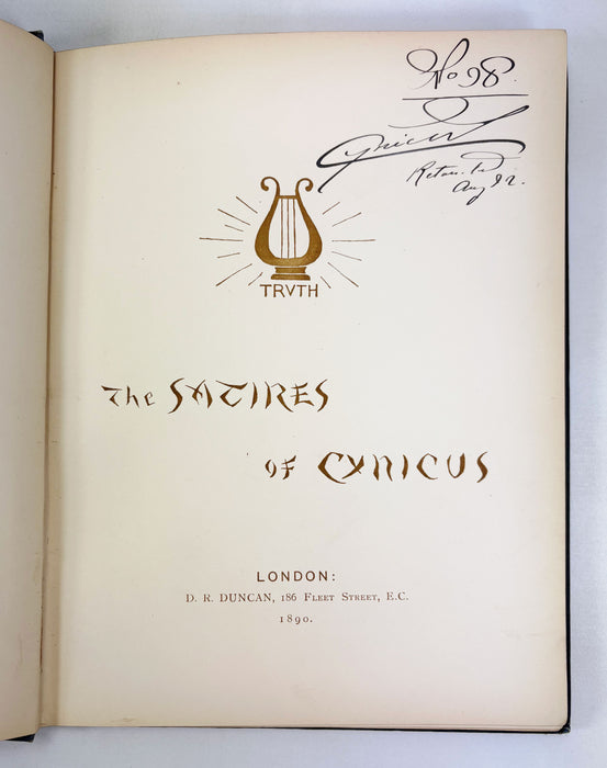 Cynicus (Martin Anderson); The Satires of Cynicus, 1890, Signed and numbered First edition, edition-de-luxe.