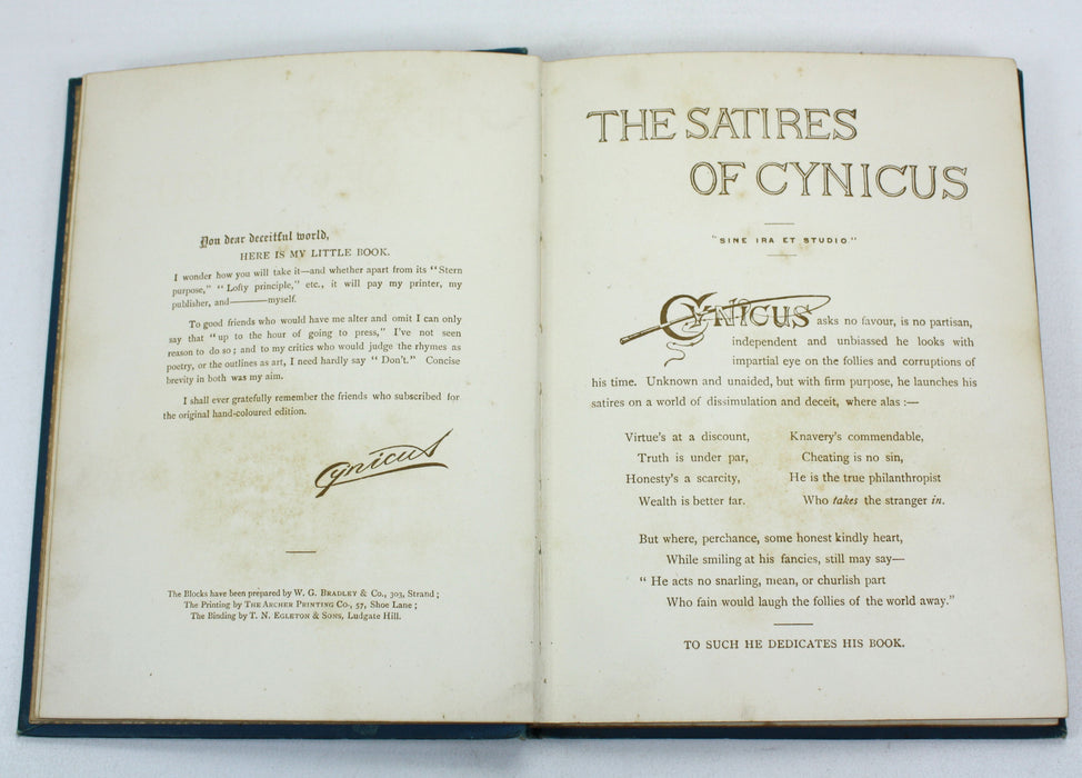 Cynicus (Martin Anderson); The Satires of Cynicus, 1892, Signed, hardback