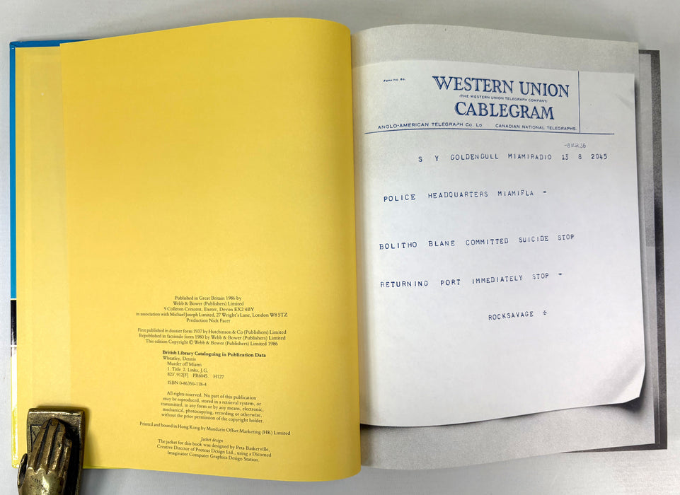 Dennis Wheatley; Murder Off Miami; 1936 first edition dossier, 1979 facsimile, and 1986 book publication