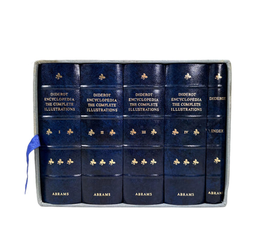 Set of blue books titled 'Diderot Encyclopedia' with gold text on a white background