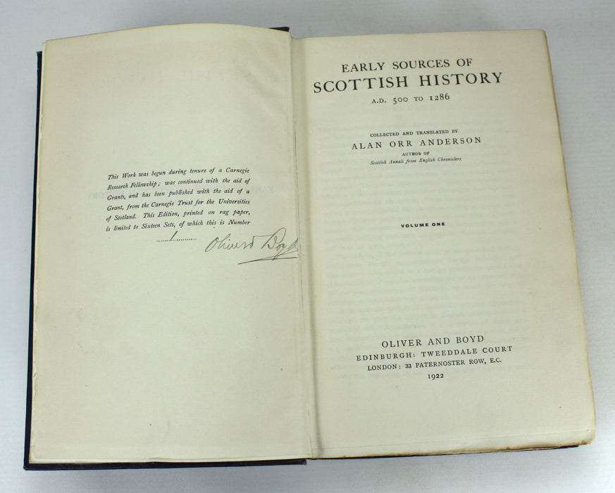 Early Sources of Scottish History A.D. 500 to 1286, Alan Orr Anderson, 1922, No. 1 of only 16 sets, signed by Publisher
