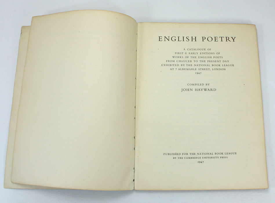 English Poetry; A Catalogue of First & Early Editions of the English Poets from Chaucer to the Present Day, John Hayward - interesting provenance of William St Clair, Robin Skelton & Geoffrey Keynes, 1947. William Blake interest.