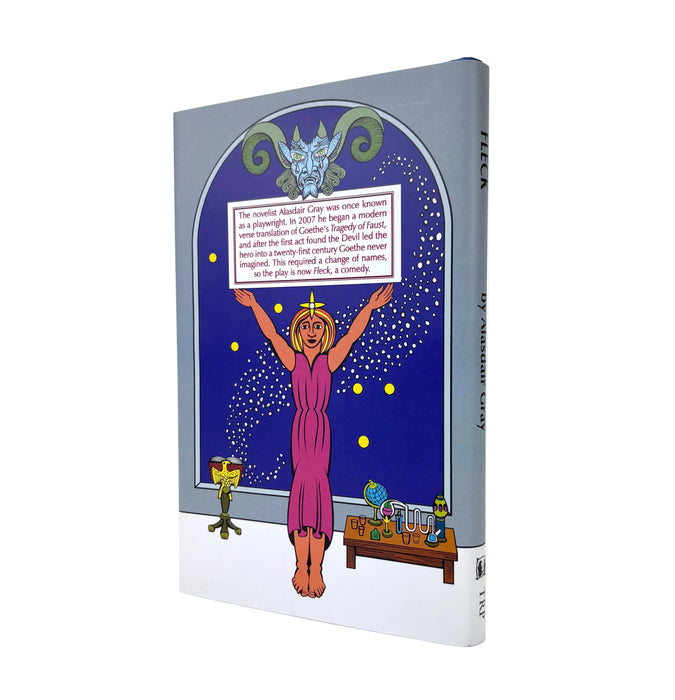 Book cover with a stylized illustration of a woman in a pink dress with her arms raised, set against a blue background with text and symbols.