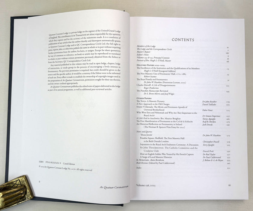 Freemasonry; Ars Quatuor Coronatorum; The Transactions of the Quatuor Coronati Lodge No. 2076, Volume 136, 2023. Edited by John Wade.